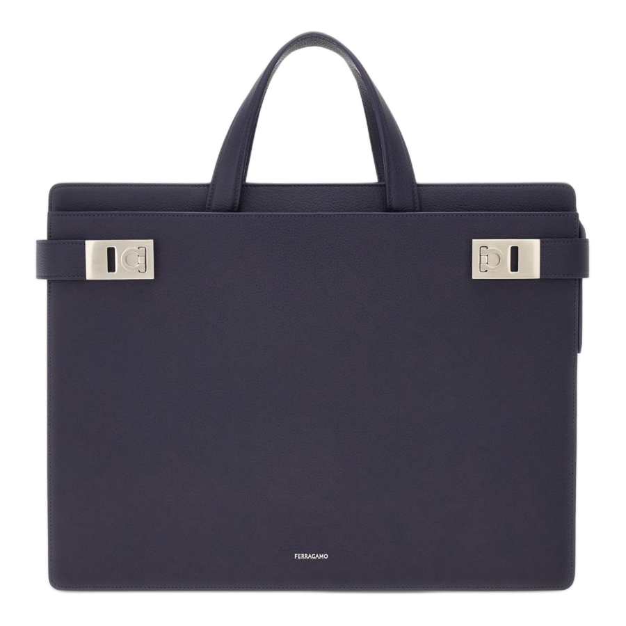 FERRAGAMO Hammered Calfskin Handbag Men's Midnight Blue