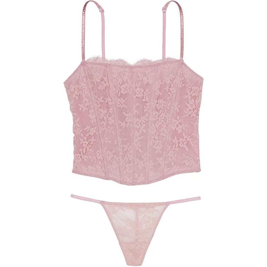 Victoria's Secret Very Sexy Twinkle Strap Lace Corset Set/CR Pajama Set Women's Pink Rose