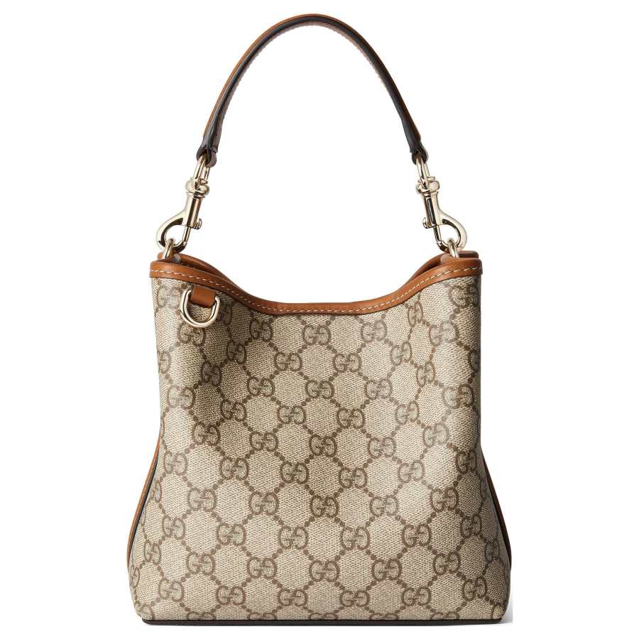 GUCCI GG Emblem Coated Canvas With Leather Bucket Bag Handbag Small Women's Beige & Dark Brown