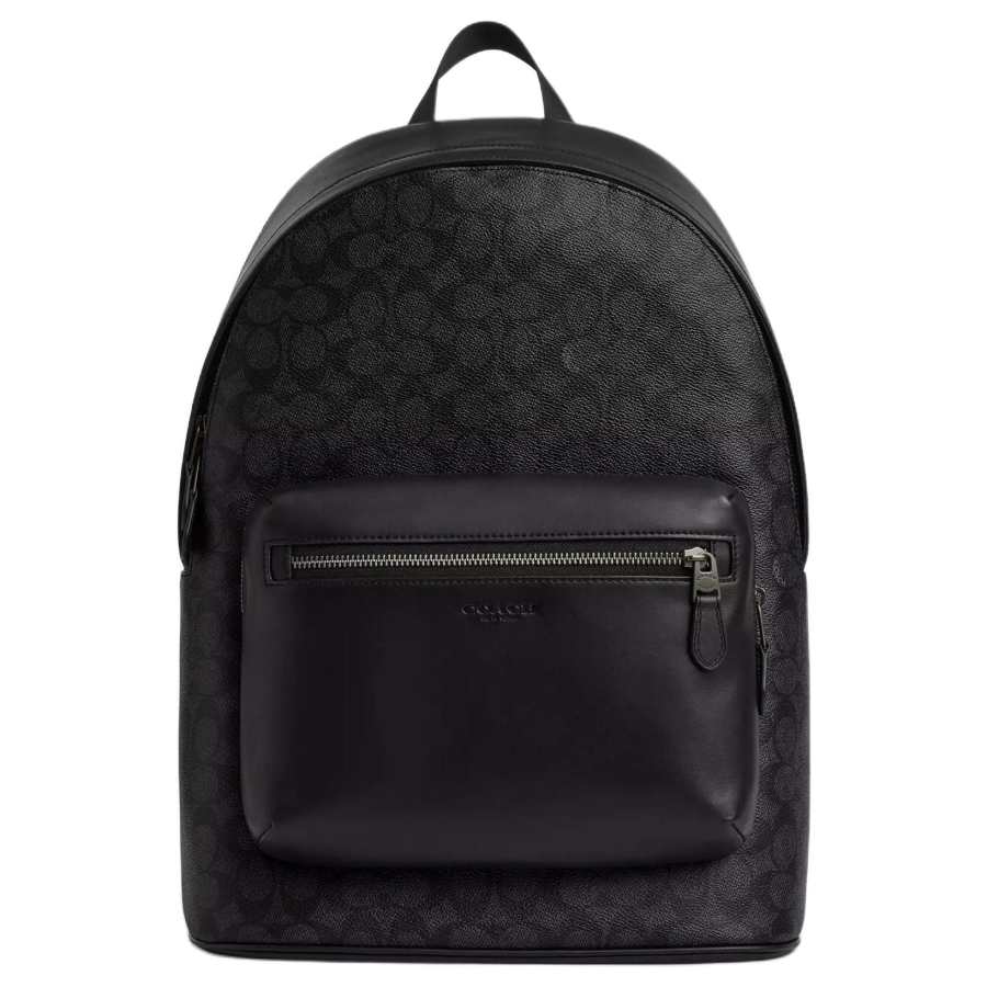COACH West Signature Coated Canvas With Smooth Calfskin Backpack Large Unisex Charcoal