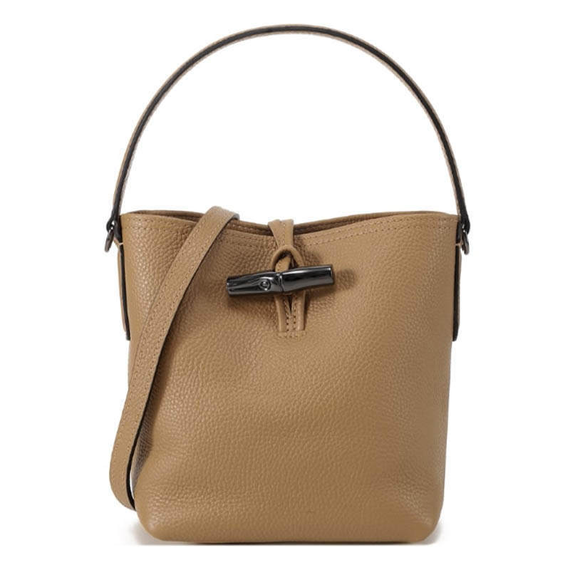 LONGCHAMP Le Roseau Cow Leather Bucket Bag, Crossbody, One Shoulder Handbag Mini Women's Deer Color
