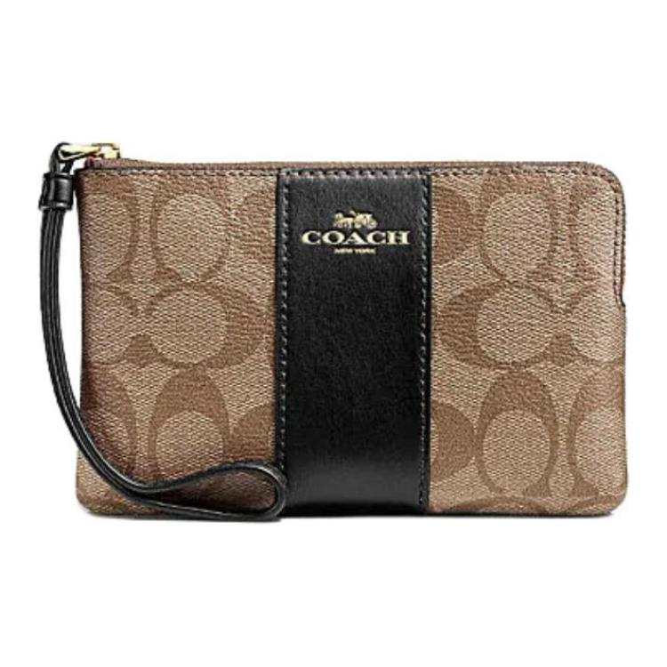 COACH Corner Zip Coated Canvas With Recycled Leather Clutch Regular Women's Khaki & Black