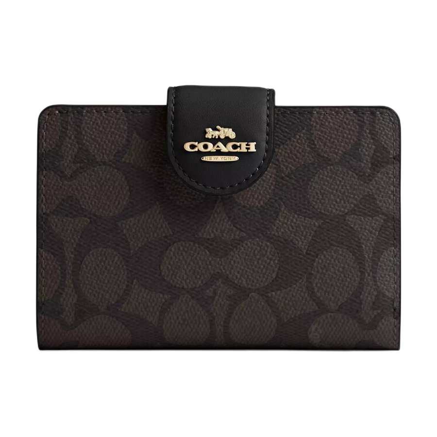 COACH SignatureCanvas High Quality Leather Wallet Women's Walnut & Black