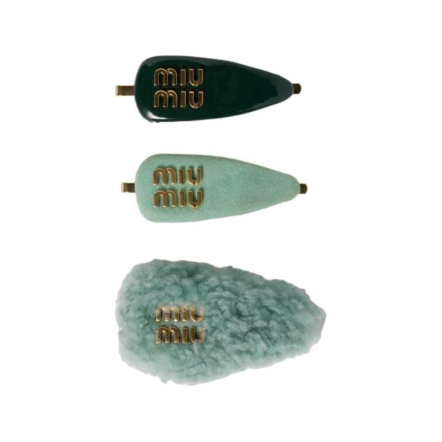 MIU MIU Leather Hair Clips Unisex Fir Green