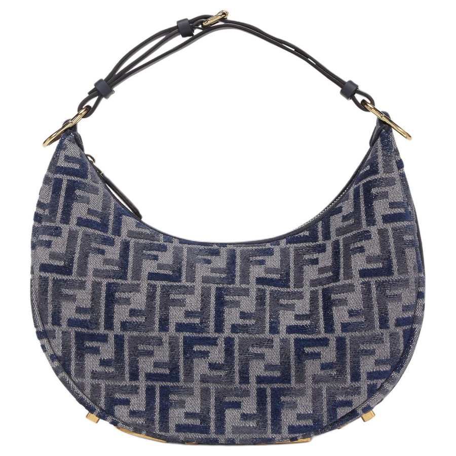 FENDI Fendigraphy Calfskin Crescent Bag, One Shoulder Handbag Small Women's Dark Blue