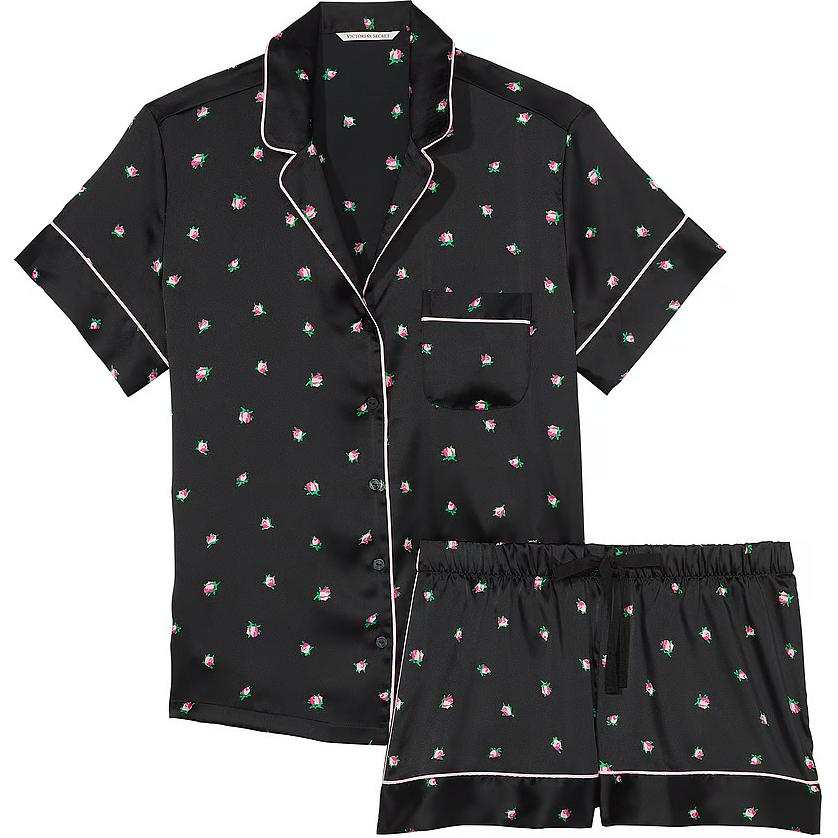 Victoria's Secret Satin Short Pajama Set/Black Rosebuds Pajama Set Women's Black Floral