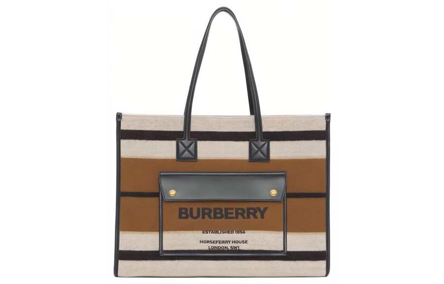 Burberry Freya Stripes Shearling With Leather Tote Bag, Shopping Bag, Shoulder Bag, Handbag Medium Women's