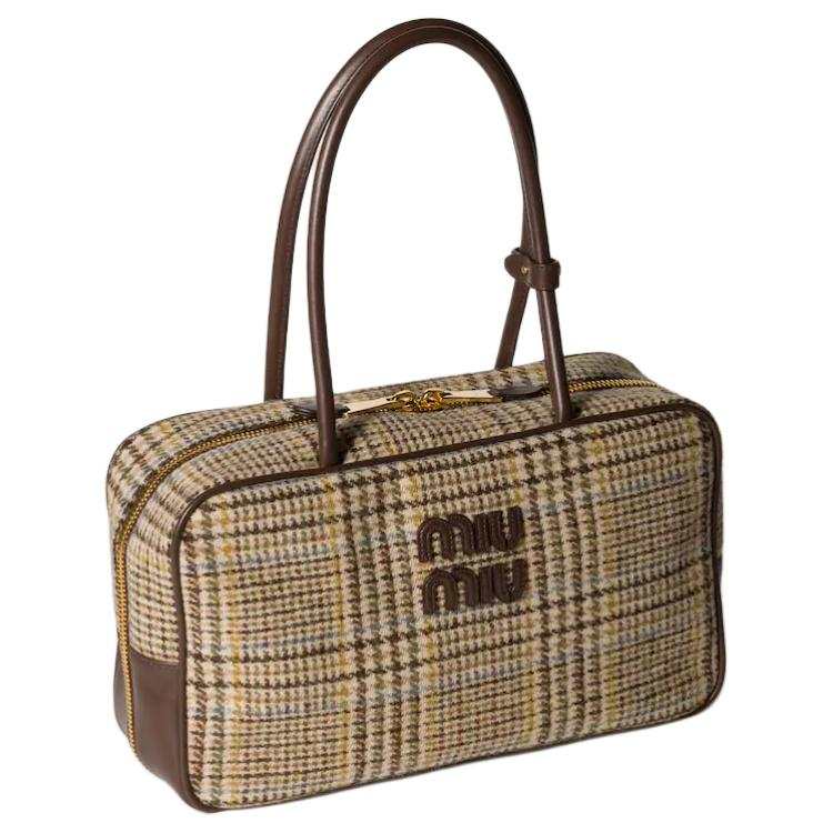 MIU MIU Beau Plaid Wool With Leather Handbag Women's Cocoa Brown