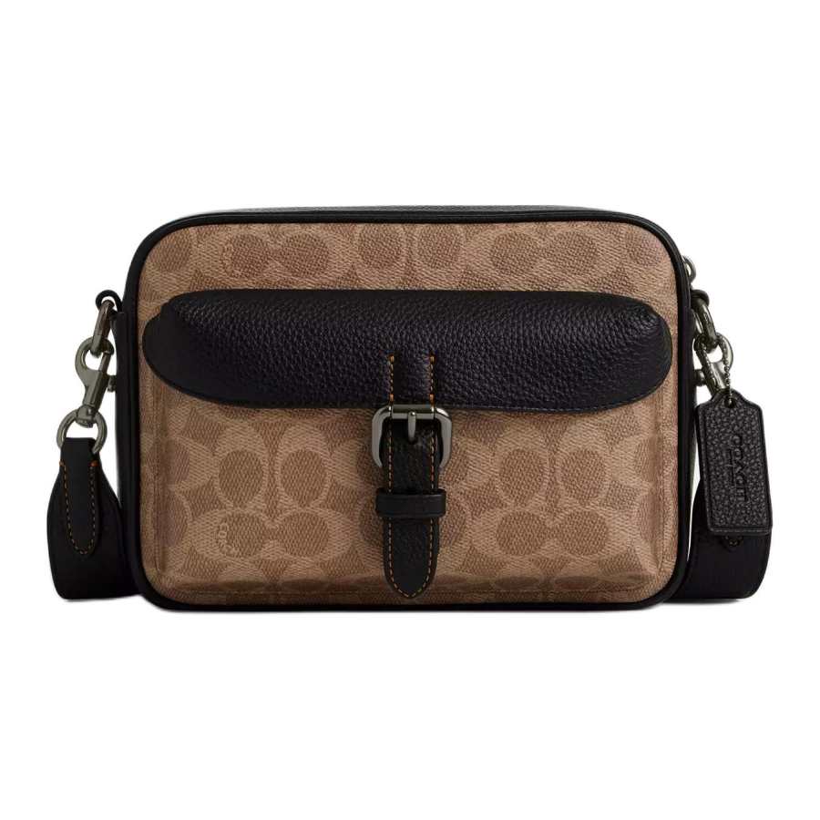 COACH Coated Canvas Shoulder Bag, Crossbody Bag Small Men's Tan & Black