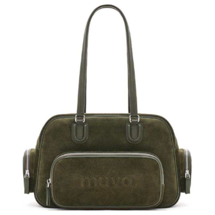 MUVA Cow Leather Handbag, Shoulder Bag Large Women's Olive Green/Maple Brown