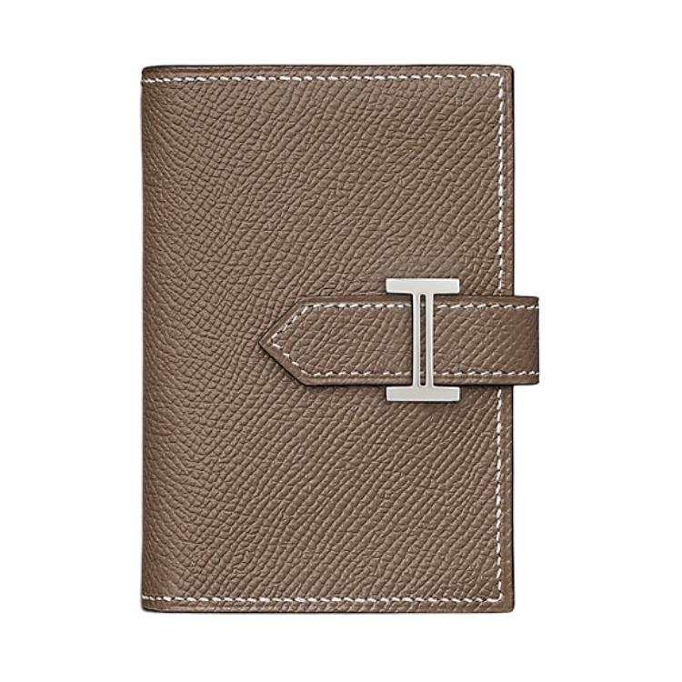 HERMES Bearn Silver Tone Buckle Epsom Calfskin Wallet Women's 18 Etoupe Elephant Gray