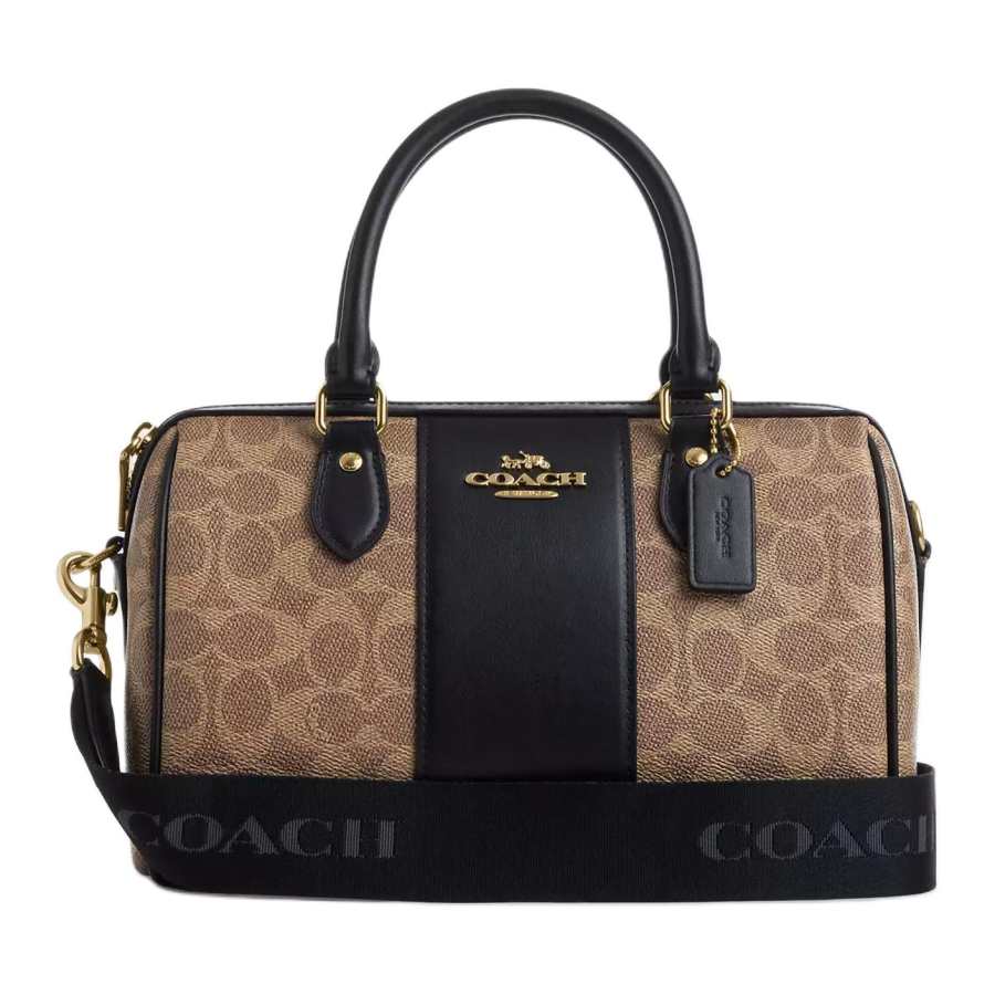 COACH Rowan Coated Canvas Shoulder Bag, Crossbody Bag, Handbag Medium Women's Tan & Black