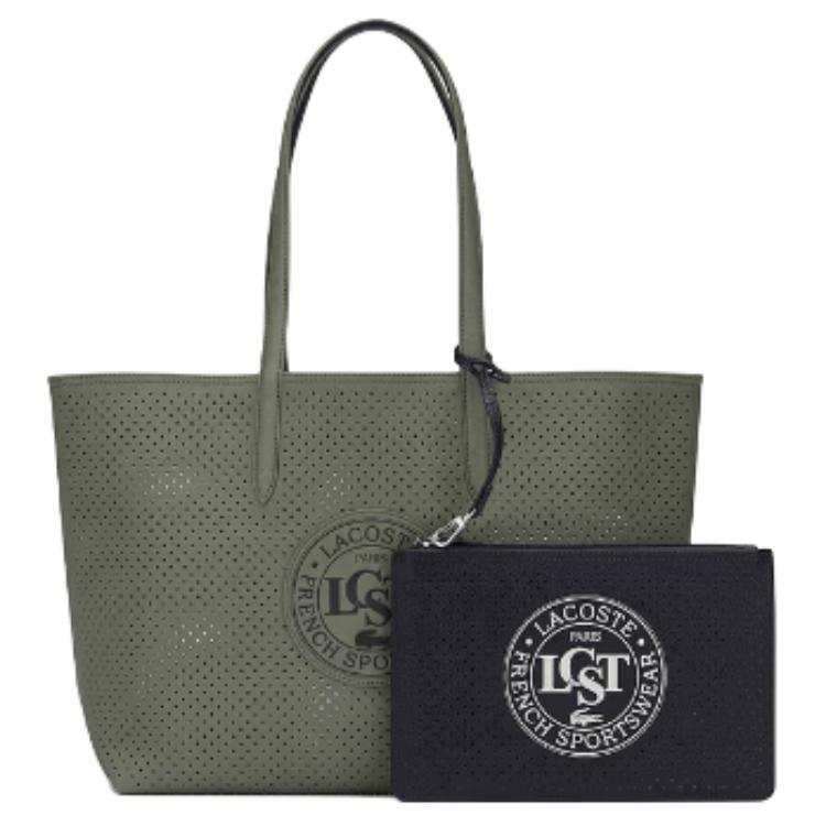 LACOSTE PVC Shoulder Bag Large Women's Olive Green & Dark Blue