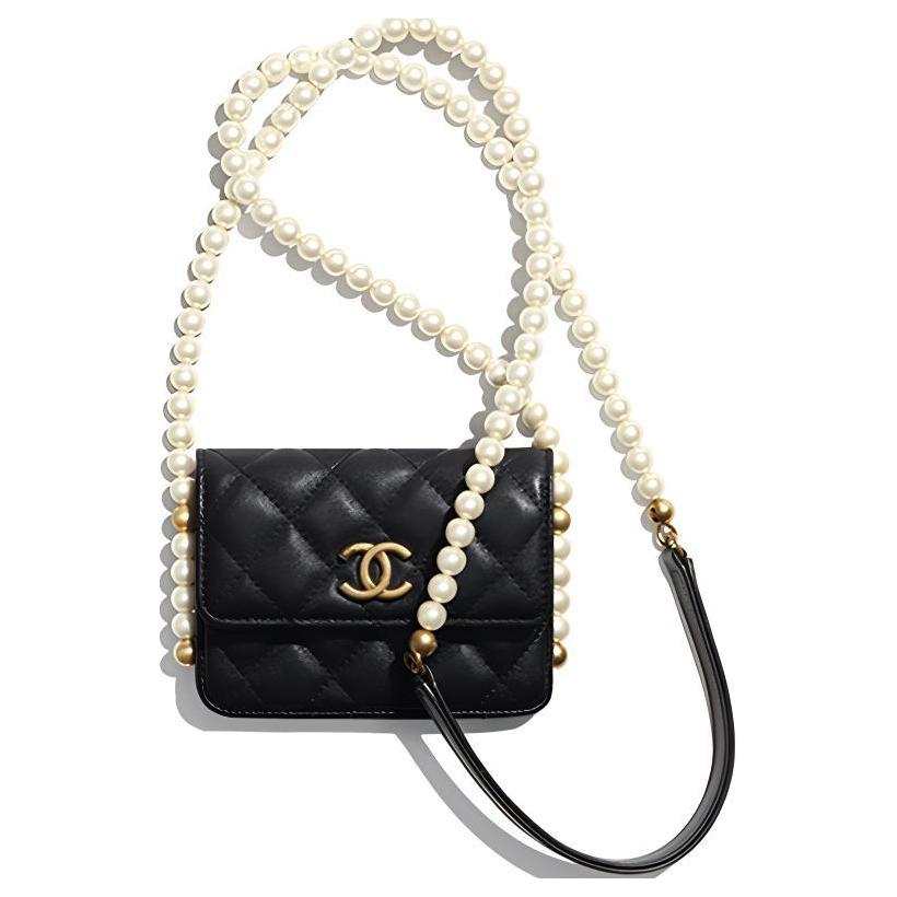 CHANEL Cow Leather+Pearl Vintage Gold Metal Card Holder, Coin Purse, Shoulder Bag, Crossbody Bag Small Women's Black