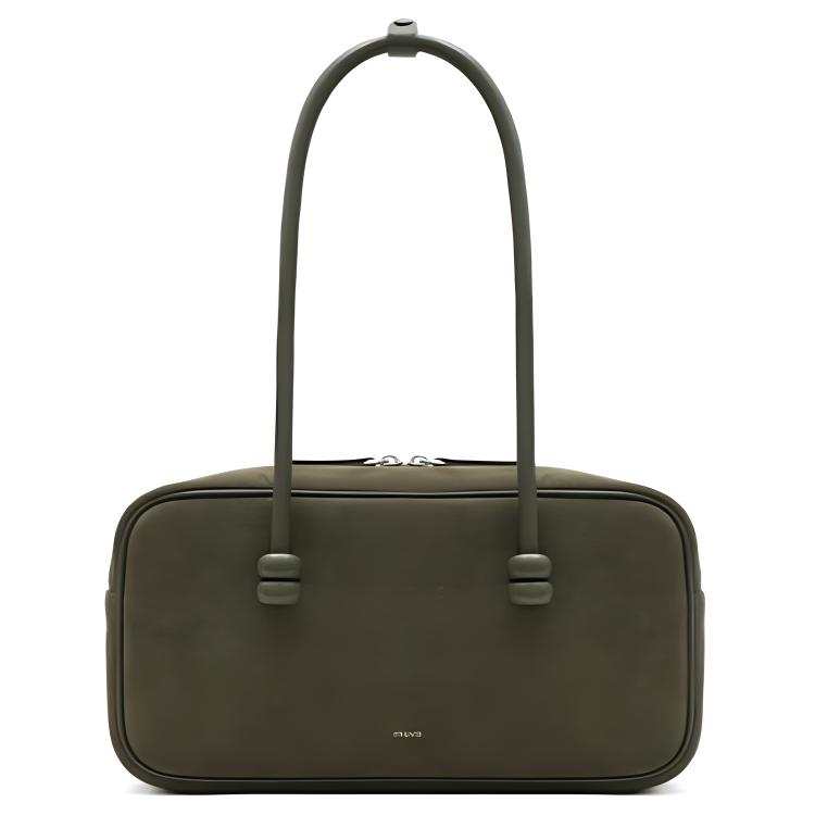 MUVA Cow Leather Velvet Handbag, Shoulder Bag Large Women's Olive Green/Maple Brown