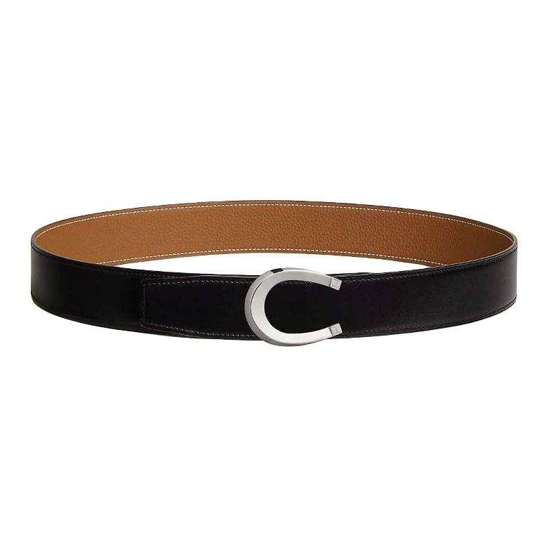 HERMES Luck Metal Leather Palladium Plated Leather Belts Men's Width 3.8cm