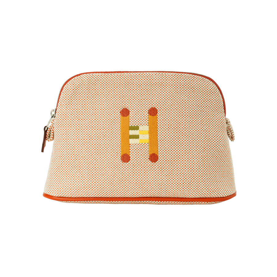 HERMES Bolide Cotton Bowling Bags Clutch Mini Women's Orange & Light Taupe