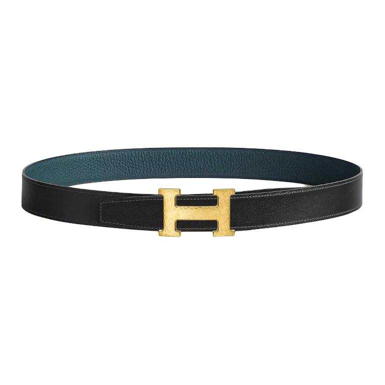 HERMES H Martelee Metal, Gold Plated Calfskin Leather Belts Men's Width 3.2cm