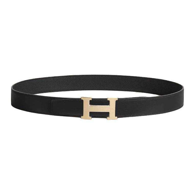 HERMES Faubourg Metal Brass Calfskin Leather Belts Men's Width 3.2cm