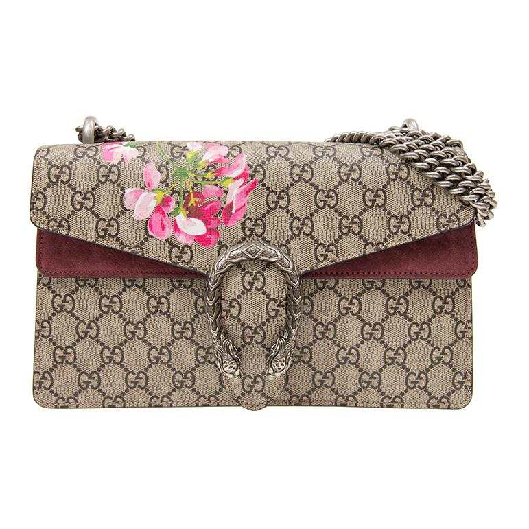 GUCCI DionysusGG Blooms Canvas With Leather Chain Crossbody Bag, Shoulder Bag Small Women's Ebony & Pink
