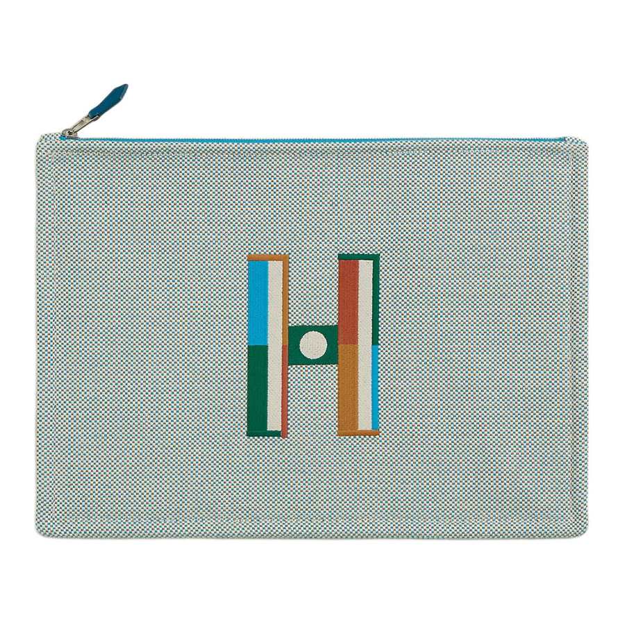 HERMES Cotton Storage Bag Clutch Large Women's Teal & Pebble Gray