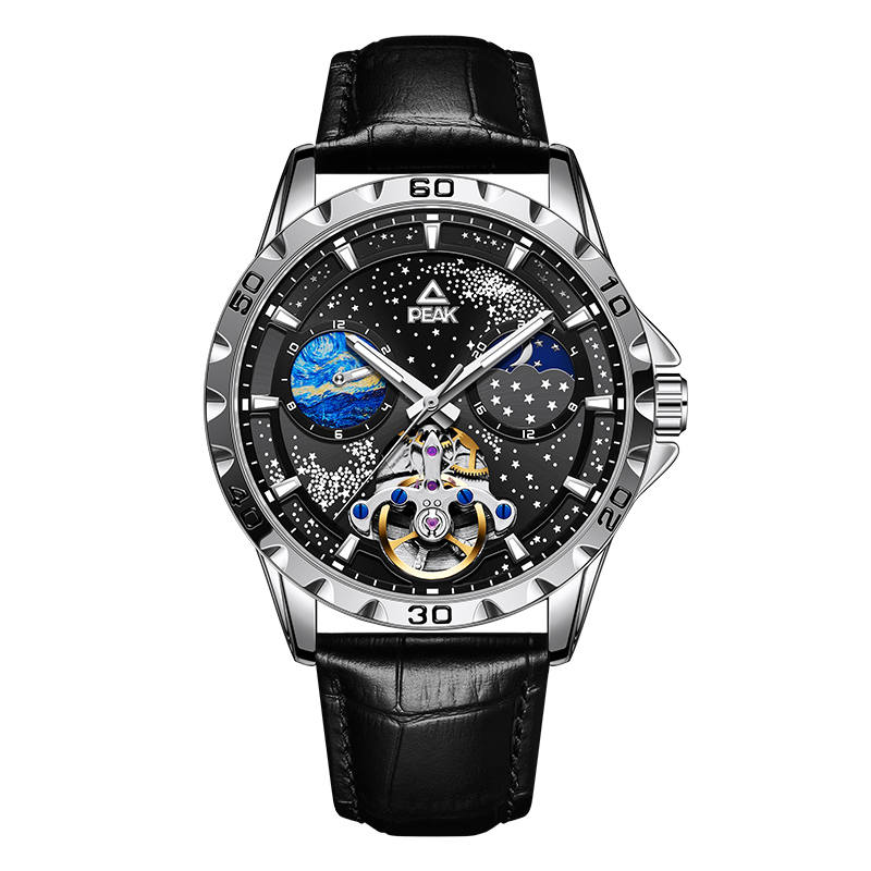 PEAK PEAK Star Collection Automatic Mechanical Movement Leather Strap Watch Men's Watches Black Dial
