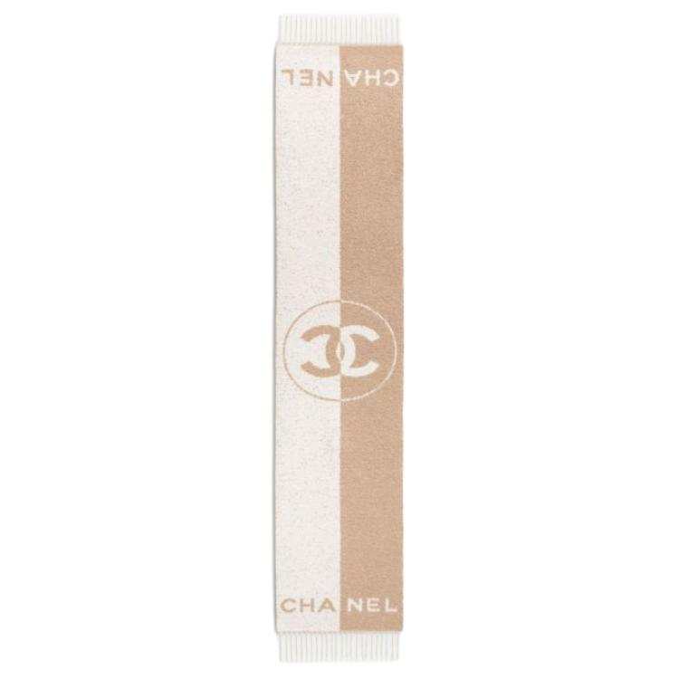 CHANEL Wool Knit Scarves Women's Beige/White