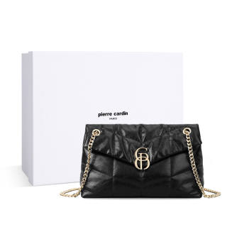 PIERRE CARDIN Top Grain Cow Leather Shoulder Bag Women's Black/White