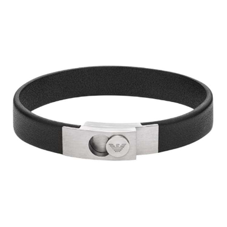 EMPORIO ARMANI Stainless Steel And Black Leather Strap Bracelet