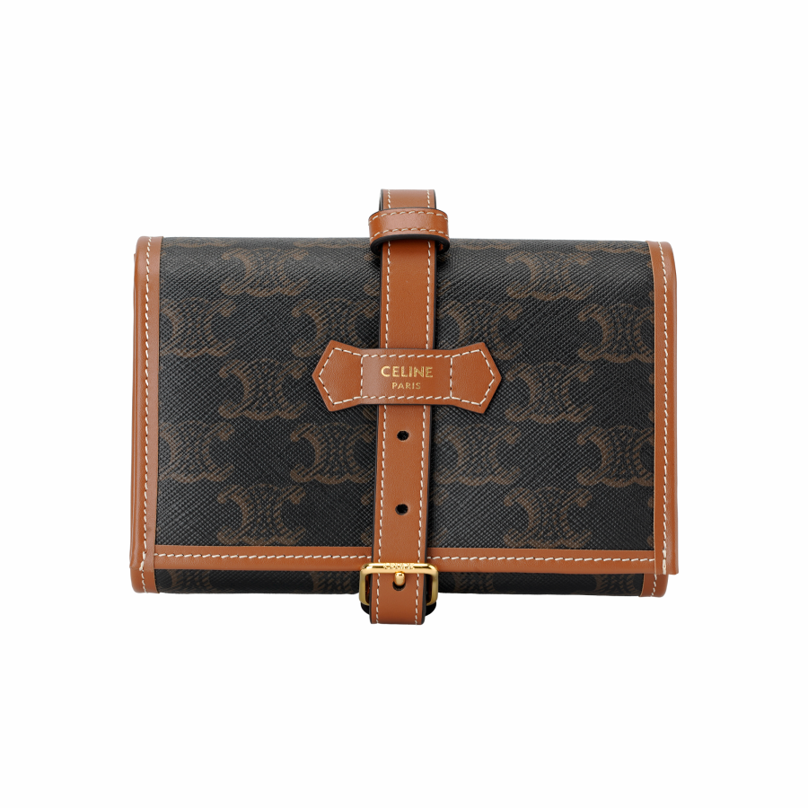 CELINE Triomphe Canvas And Calfskin Zip Coin Purse Card Holder Women's Tan