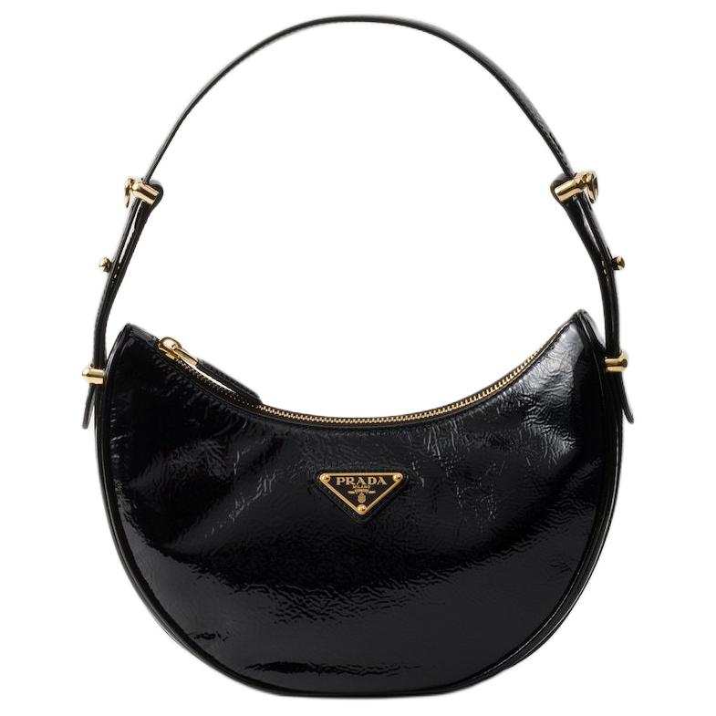 PRADA PRADA Arque Patent Leather Handbag, Shoulder Bag Unisex Black