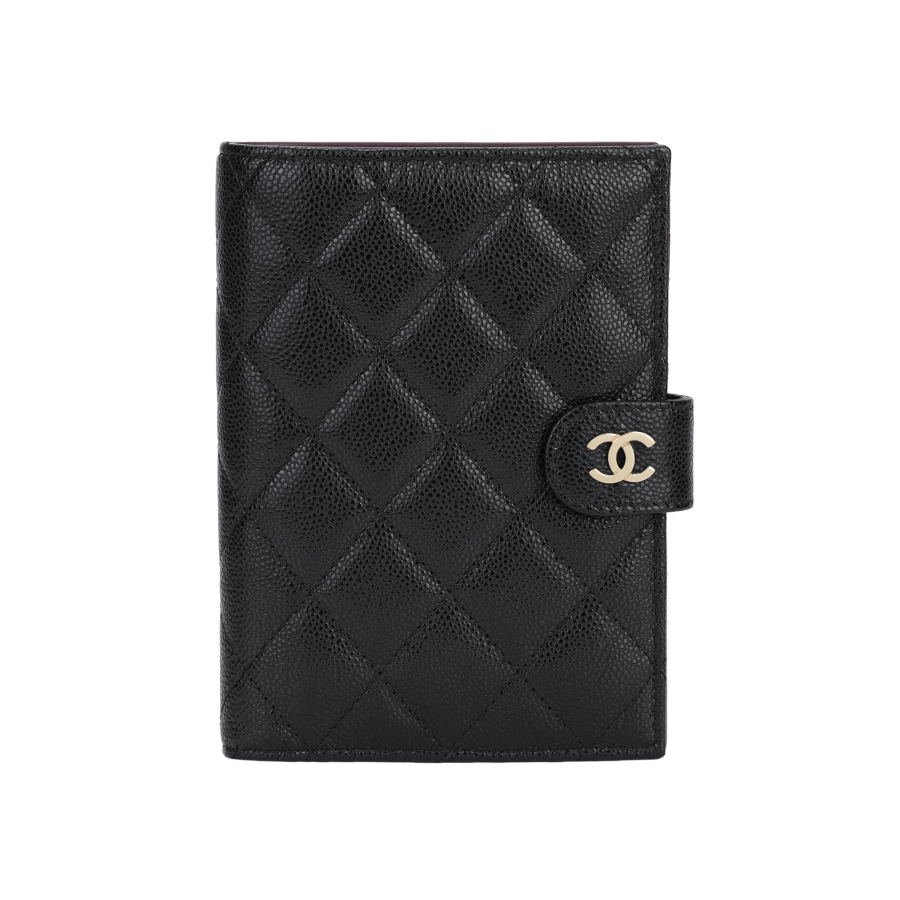CHANEL Shiny Grain Calfskin & Gold Metal Passport Holder Small Women's Black