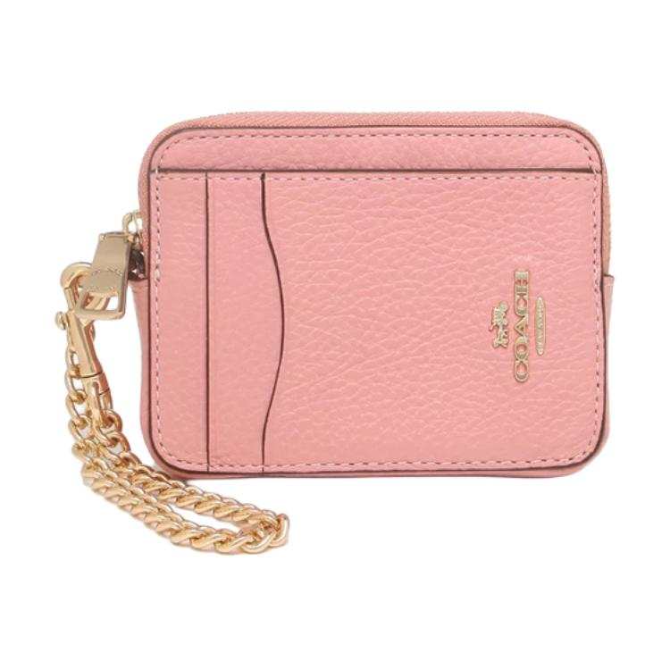 COACH Card Case Pebbled Leather Wallet, Card Holder Women's Light Red