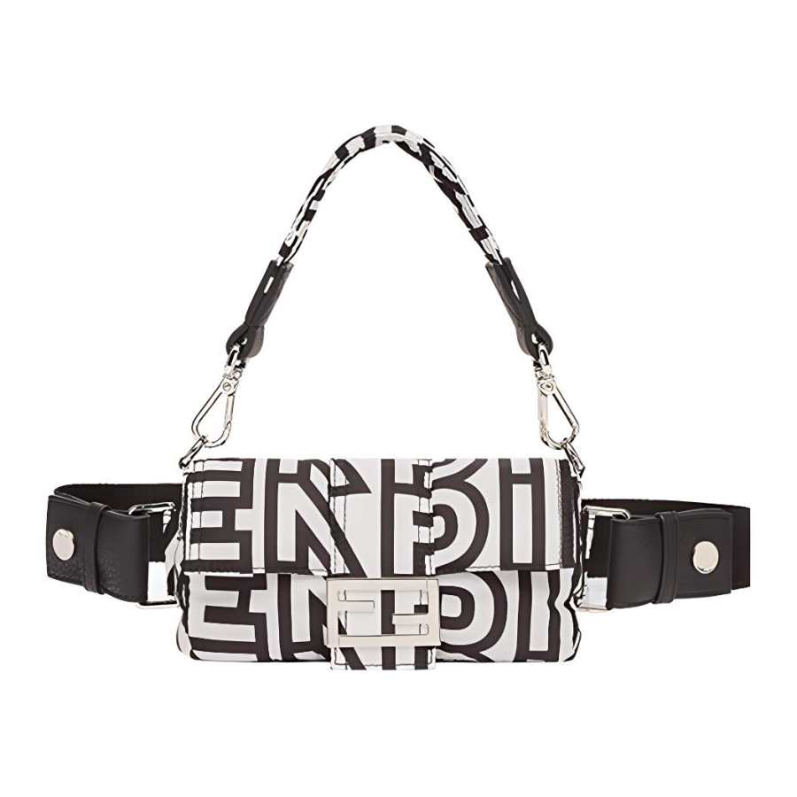FENDI Baguette Cow Leather Handbag Cell Phone Pouch Fanny Pack Mini Men's Black/White