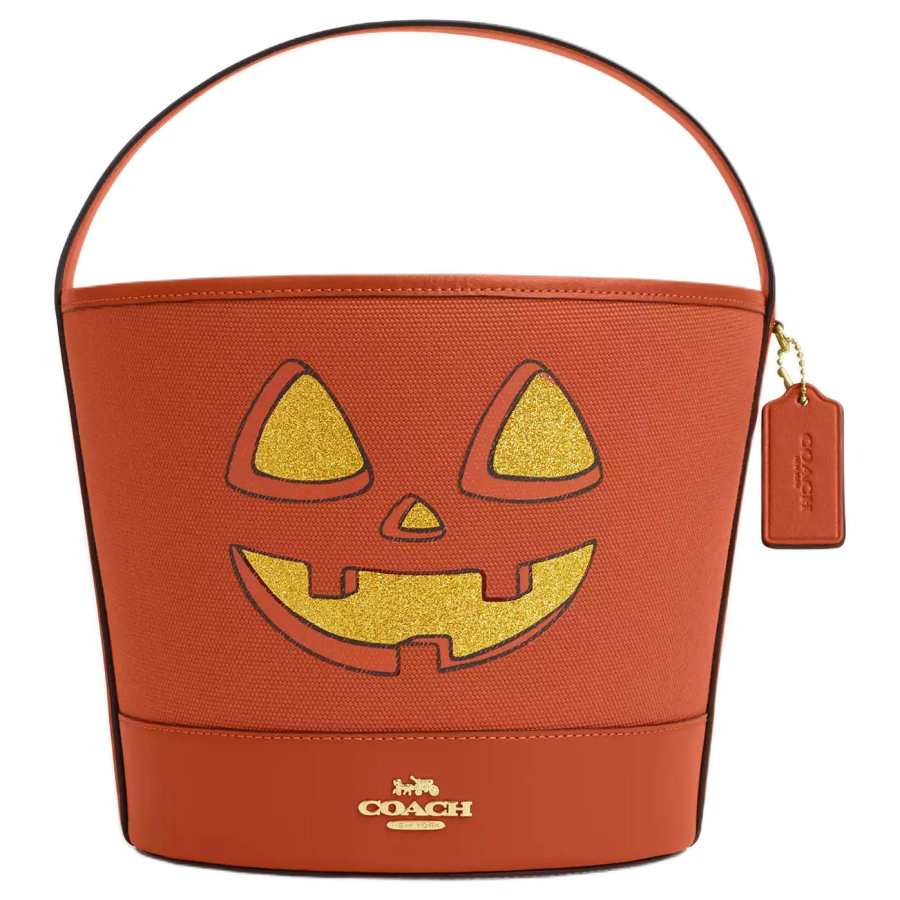 COACH Canvas With Leather Bucket Bag Handbag Medium Women's Gold Multicolor Deep Orange
