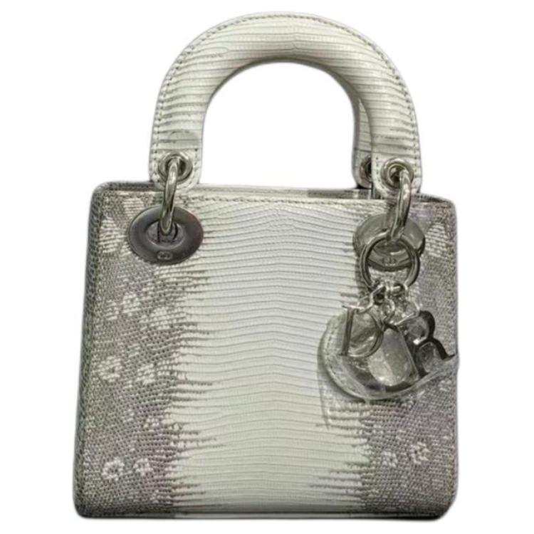 DIOR Lady Dior Lizard Skin Shoulder Bag, Crossbody Bag, Handbag Mini Women's Gray & Milk White