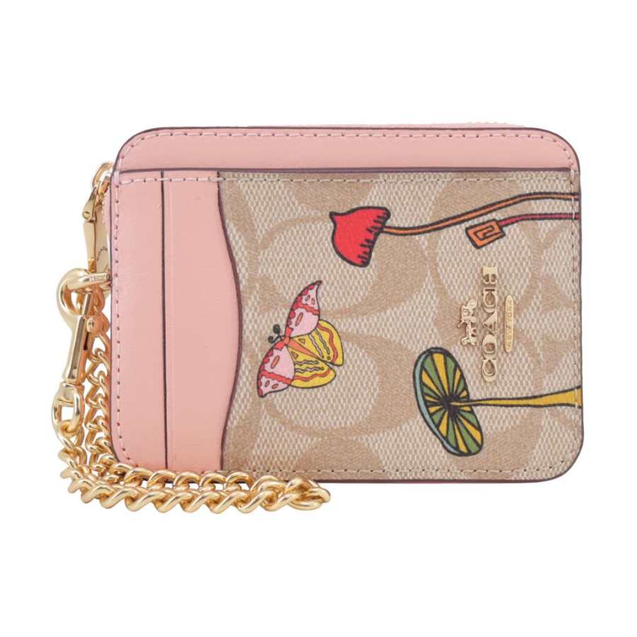 COACH Card Case Leather Coin Purse, Card Holder Regular Women's Pink Khaki