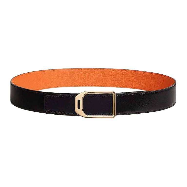 HERMES HERMES Calfskin Leather Belts Men's Black Orange Width 3.8CM