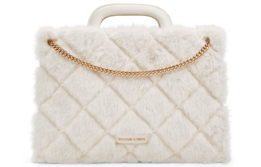 CHARLES&KEITH PU, Textile Mixture Crossbody One Shoulder Handbag Medium Women's Milk White