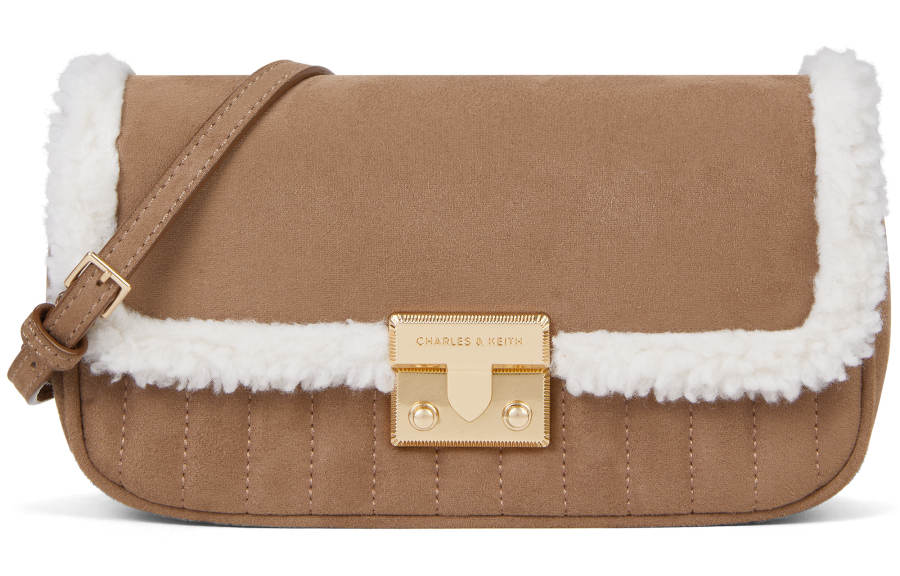 CHARLES&KEITH PU, Textile Mixture Crossbody Bags Small Women's Tea Brown