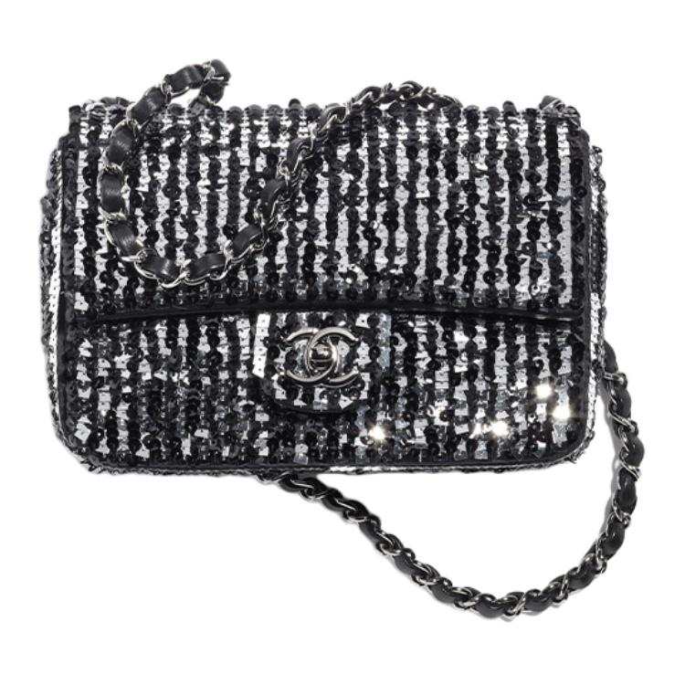 CHANEL Sequins Flap Bag, Crossbody Bag, Shoulder Bag Women's Black & Silver
