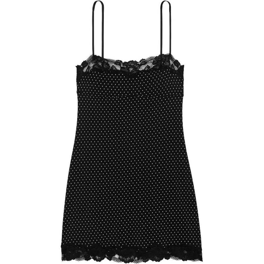 Victoria's Secret Modal & Lace Trim Straight Neck Slip Dress/Black Dots Nightgown Women's Black Dot