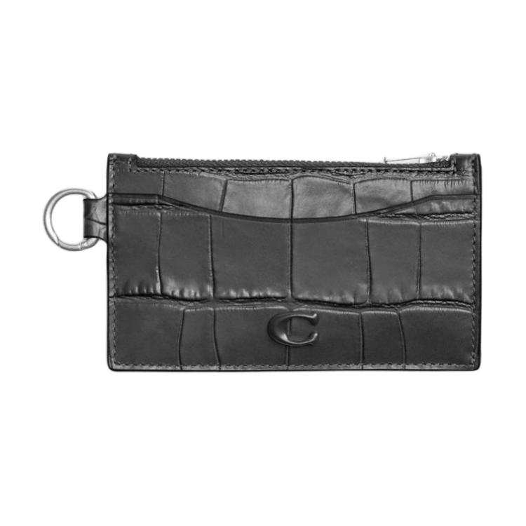 COACH Crocodile Embossed Leather Card Holder Unisex Charcoal