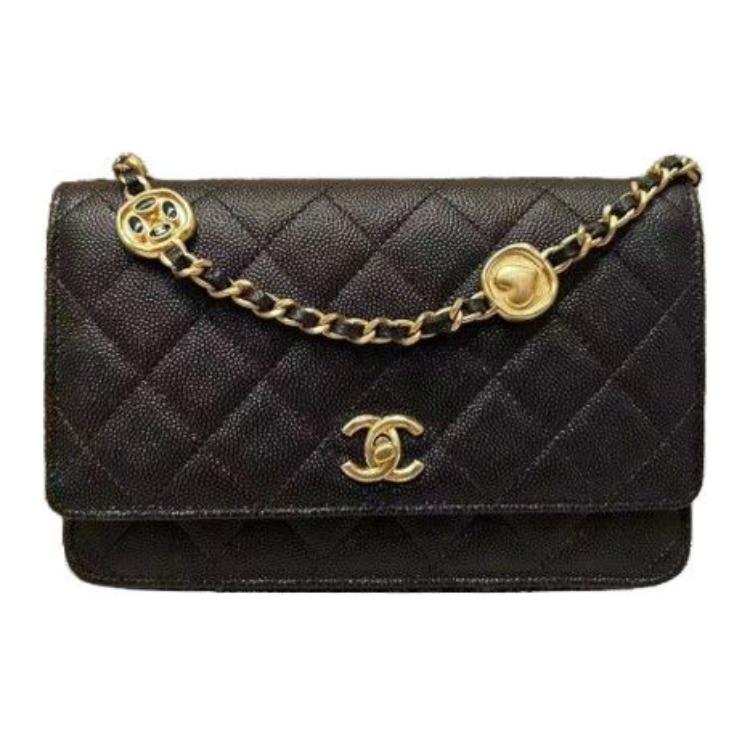 CHANEL 24A WOC Gold Coin On Chain Leather Crossbody Bag Women's Black