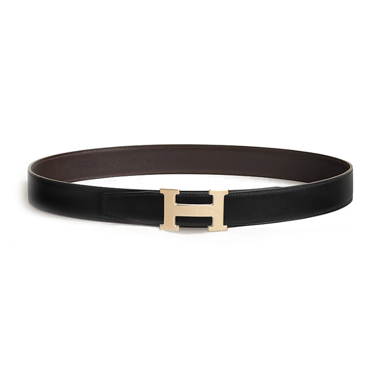 HERMES HERMES Faubourg Metal Leather Belts Men's Black/Brown Width 3.2CM