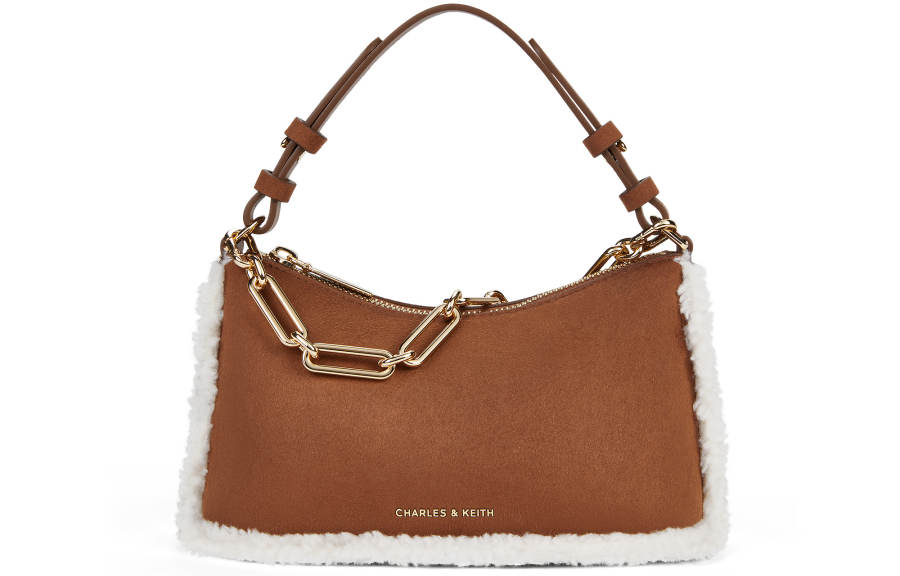 CHARLES&KEITH PU, Textile Mixture One Shoulder Handbag Small Women's Brown