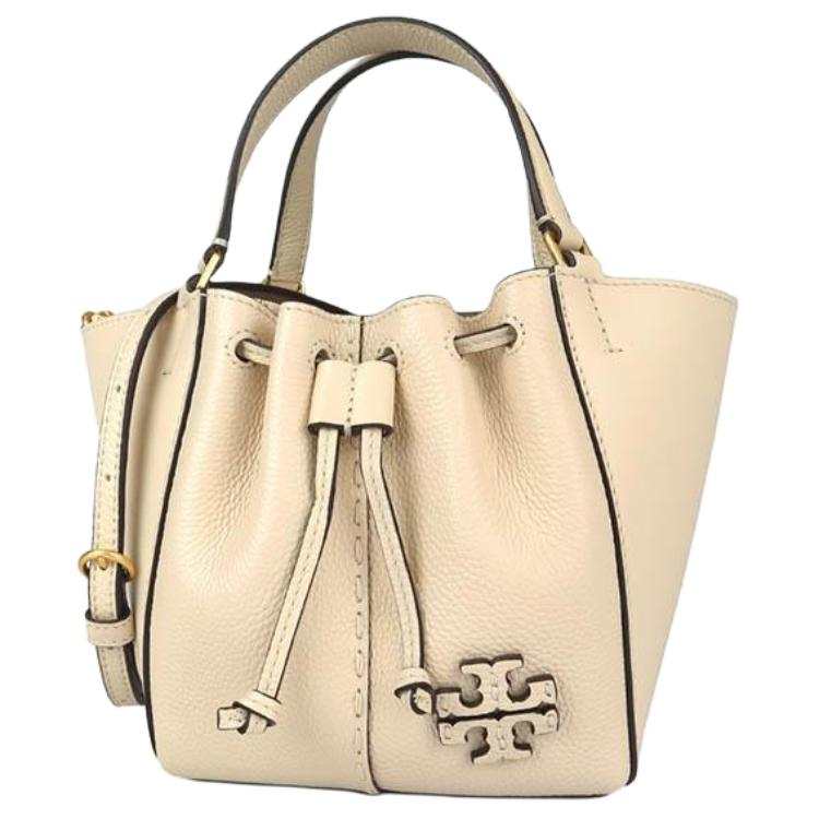 TORY BURCH McGraw Drawstring Cow Leather Bucket Bag, Tote Bag, Shopping Bag, Crossbody Handbag Mini Women's Cream White