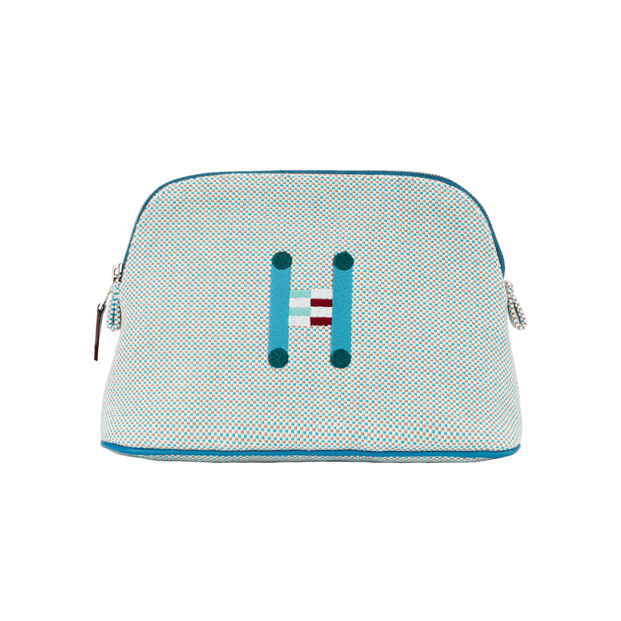 HERMES Bolide Crazy H Cotton Storage Bag Mini Unisex Cyan & Gold