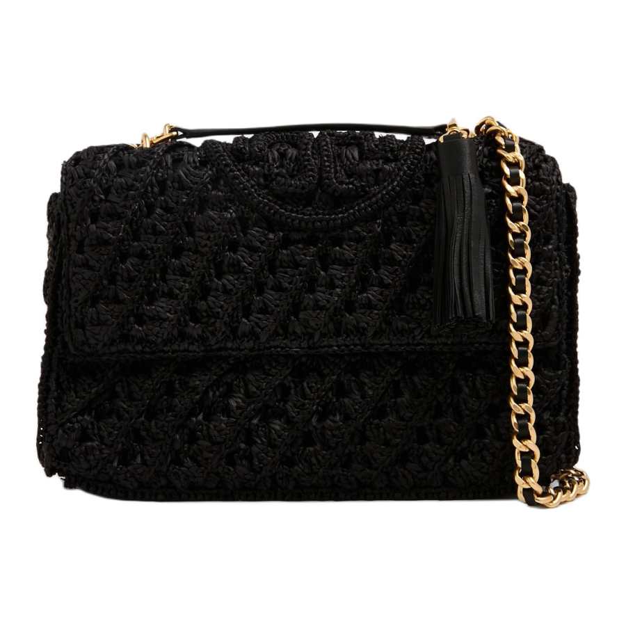TORY BURCH Fleming Raffia With Leather Trim Handbag, Shoulder Bag Women's Black