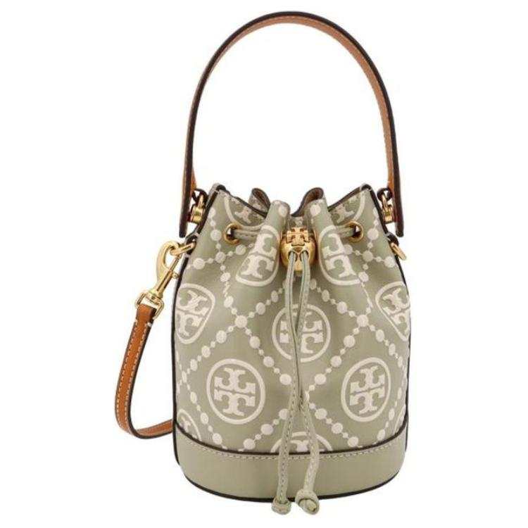 TORY BURCH T Monogram Cow Leather Bucket Bag, Shoulder Bag, Crossbody Bag, Handbag Mini Women's Olive
